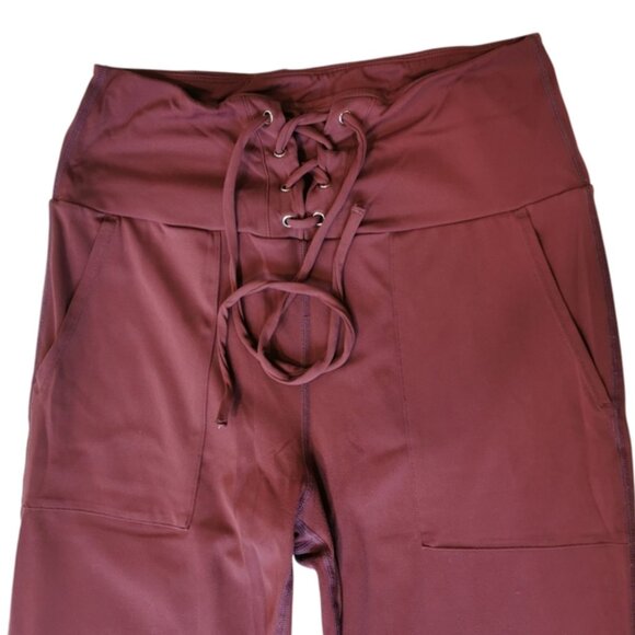 Halara Lace Up High Rise Flared Burgundy Stretch Yoga Pants - Sz L - Picture 2 of 6